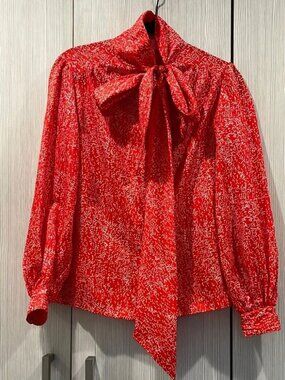 Vintage Amanda Red Polka Dot Blouse | Puff Shoulder Tie Neck | Size Small